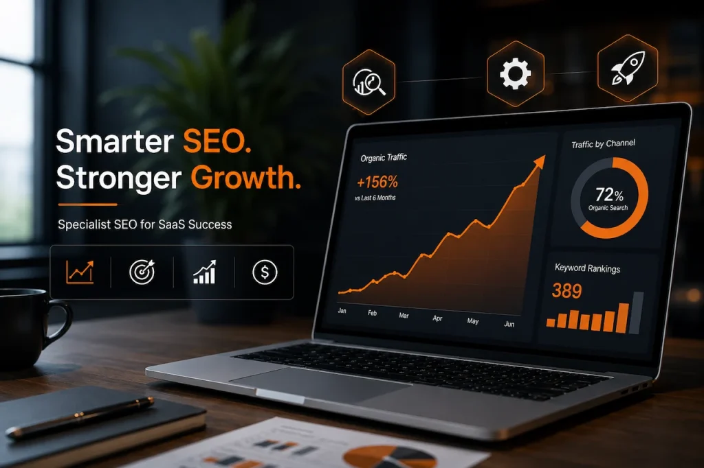 SaaS SEO growth dashboard with analytics, keyword rankings, and digital marketing performance displayed on a modern laptop.