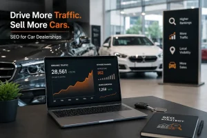 SEO for car dealerships with organic traffic growth, keyword ranking analytics, and digital marketing strategy in a modern showroom.