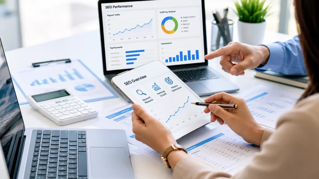 Accountant SEO strategy with analytics dashboard, keyword performance, and digital marketing reports on a modern office workspace.
