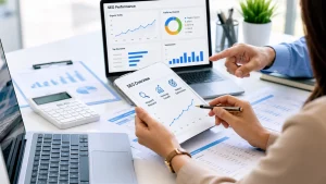 Accountant SEO strategy with analytics dashboard, keyword performance, and digital marketing reports on a modern office workspace.