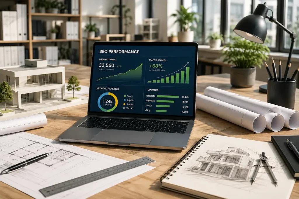 Architect SEO strategy with website performance analytics, organic traffic growth dashboard, and architectural design workspace.