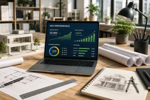 Architect SEO strategy with website performance analytics, organic traffic growth dashboard, and architectural design workspace.