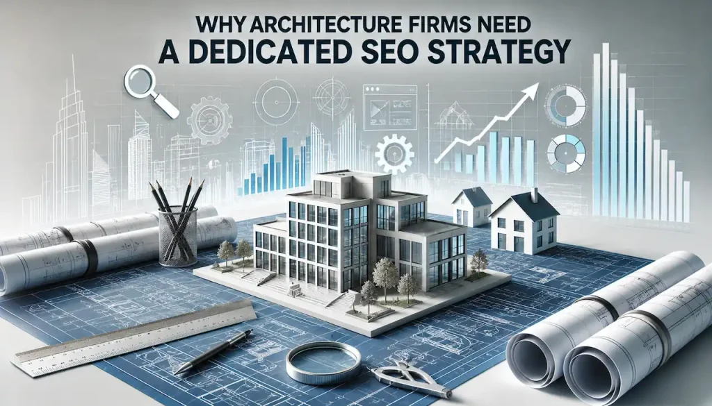 Architecture firm SEO strategy with building design model, website performance analytics, organic traffic growth, and architectural planning workspace.