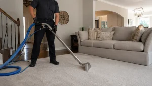 Professional carpet cleaning service in a modern living room with deep carpet cleaning equipment and spotless home interior.