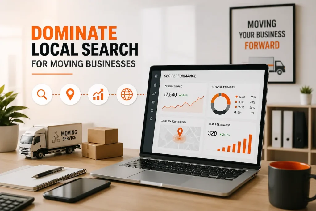 Moving company SEO strategy with local search optimization, organic traffic growth, and lead generation dashboard.