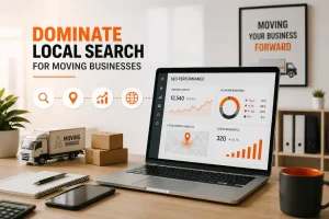 Moving company SEO strategy with local search optimization, organic traffic growth, and lead generation dashboard.