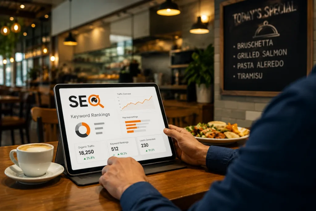 Restaurant SEO agency with local search optimization, online visibility growth, and digital marketing dashboard in a modern restaurant.