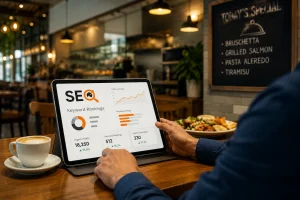 Restaurant SEO agency with local search optimization, online visibility growth, and digital marketing dashboard in a modern restaurant.