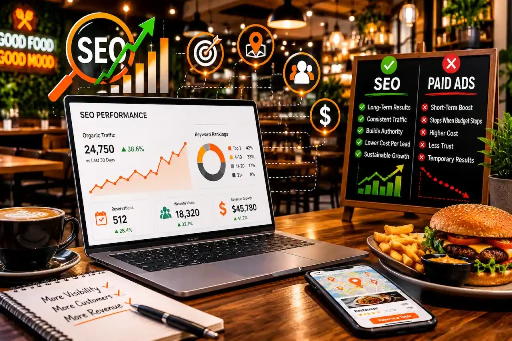 Restaurant SEO strategy with organic search growth, online reservations, revenue analytics, and local search optimization in a modern restaurant.