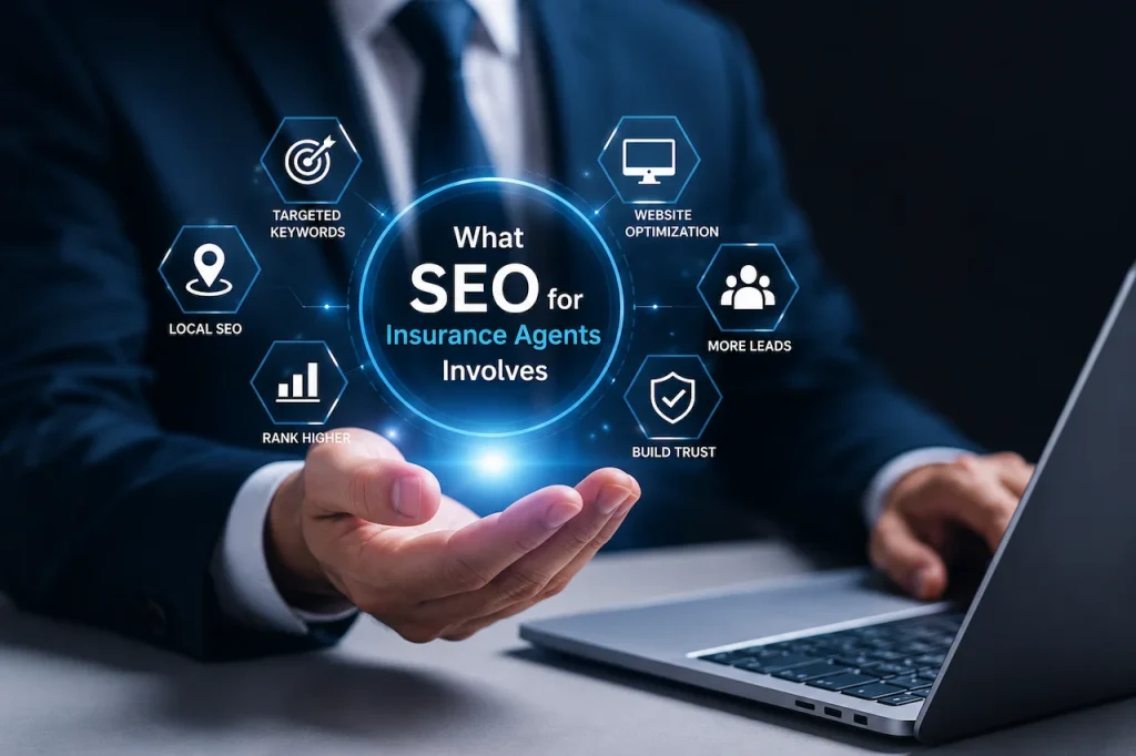Insurance agent SEO strategy with local search optimization, lead generation, website optimization, and online visibility growth.