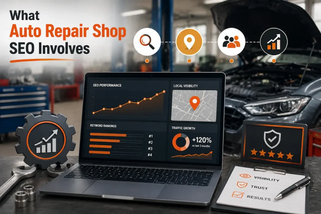 Auto repair shop SEO strategy with local search optimization, Google Maps visibility, organic traffic growth, and customer lead generation.