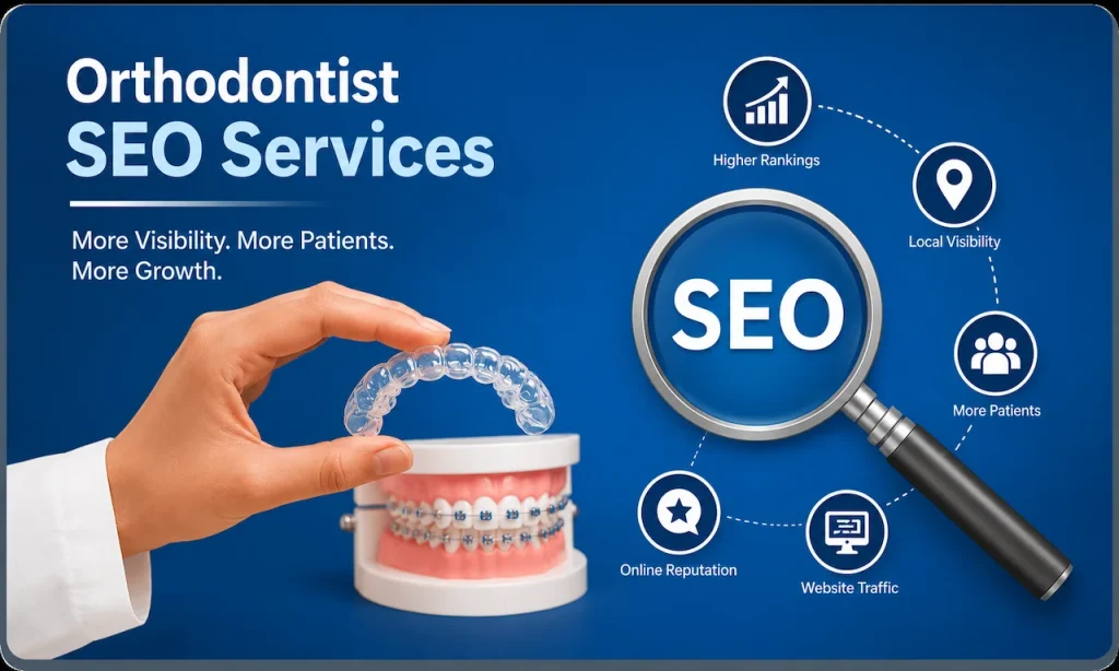 Orthodontist SEO services featuring clear aligners, local search optimization, improved online visibility, patient acquisition, and practice growth.