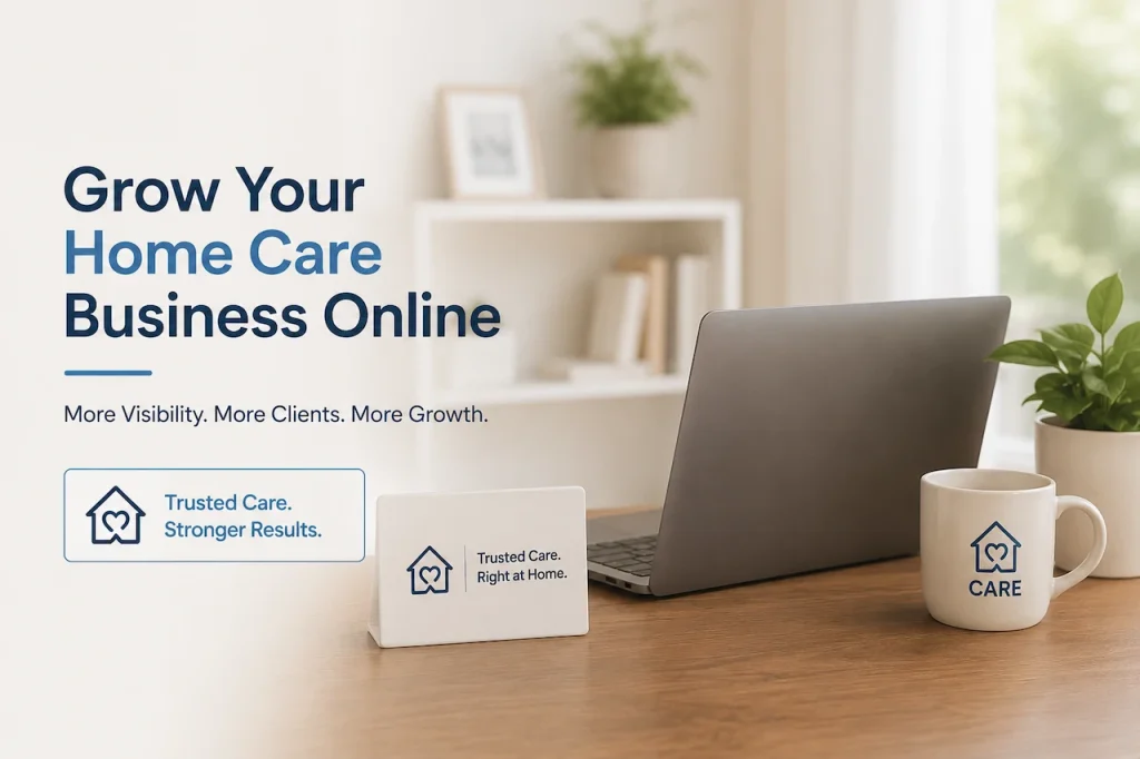 "Professional Home Care SEO Services banner with branded workspace, laptop, and marketing theme representing digital growth and local SEO for home care agencies."