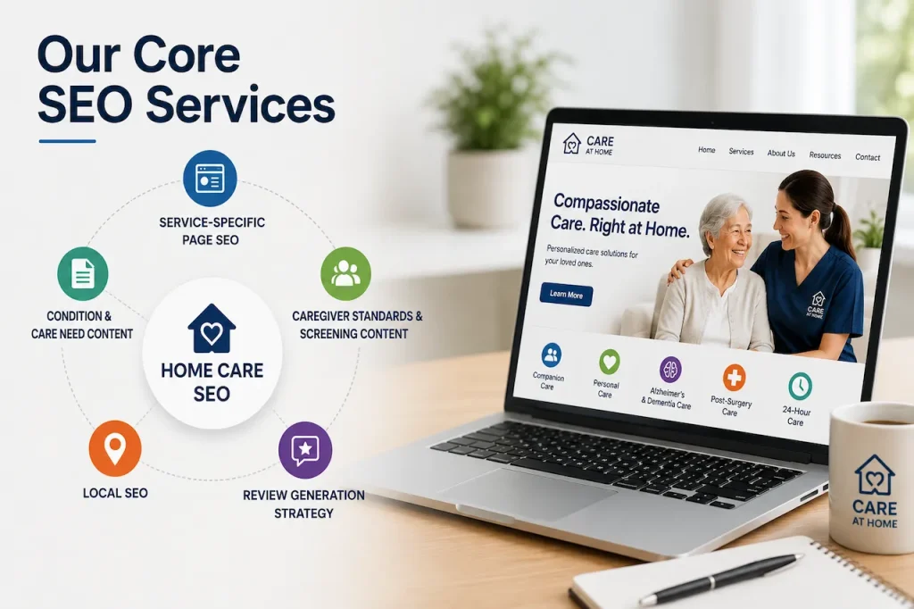 "Home Care SEO services infographic with local SEO, caregiver content, review strategy, and website optimization for home care agencies."