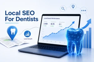 Local SEO for dentists illustration showing a laptop with rising search rankings, a digital tooth, location pin, and SEO growth analytics.