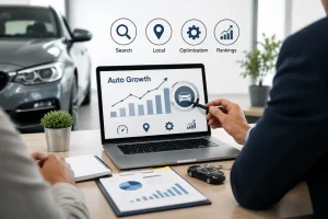 Automotive SEO strategy meeting with analytics dashboard, car dealership visuals, search optimization icons, and business growth chart.