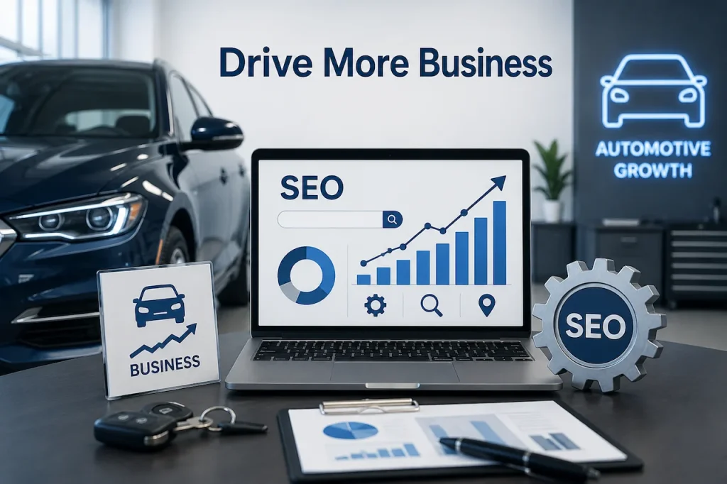 Automotive SEO workspace featuring a laptop with search analytics, business growth charts, car dealership visuals, and digital marketing icons.