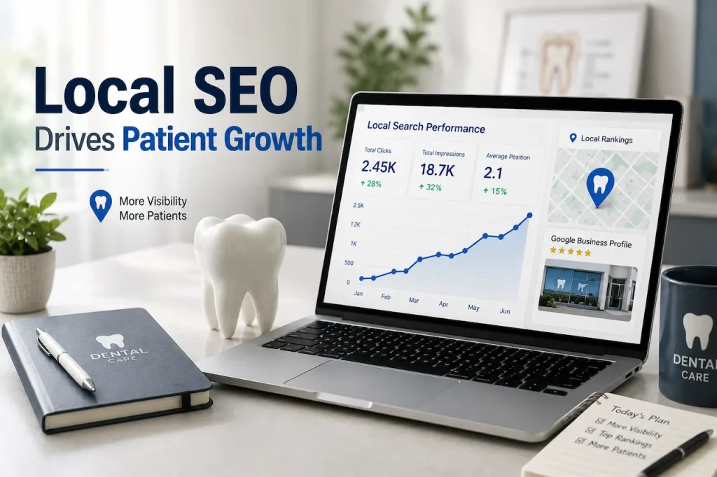 Professional Local SEO for dentists illustration with a laptop, search analytics, Google Business Profile, tooth model, and patient growth chart.