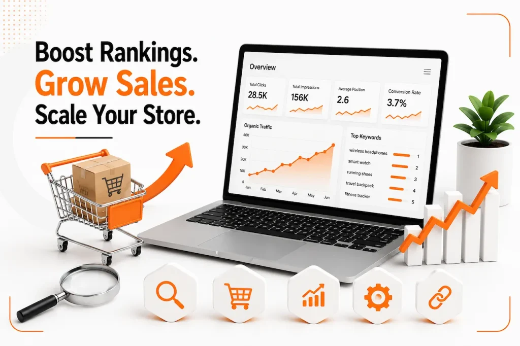 Professional eCommerce SEO illustration featuring a laptop with analytics dashboard, shopping cart, growth chart, search icon, and optimization tools. (143 characters)