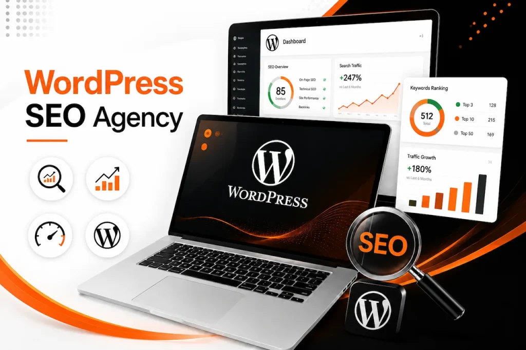 WordPress SEO agency banner featuring SEO dashboard, analytics charts, optimization icons, search growth metrics, and WordPress branding.