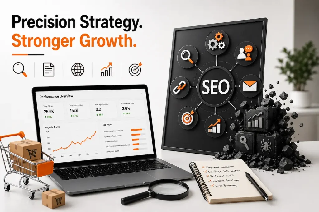 Professional eCommerce SEO illustration featuring an analytics dashboard, search optimization icons, growth charts, and digital strategy elements