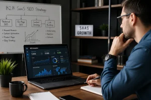 Professional B2B SaaS SEO agency workspace featuring a laptop with SEO analytics, growth dashboard, and strategy whiteboard