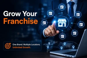 Franchise business network illustration showing connected store locations, global expansion, multi-location growth, and local SEO strategy.