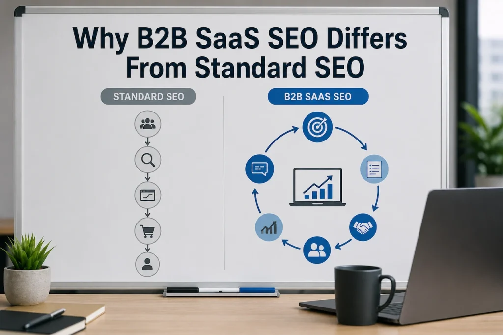 Professional B2B SaaS SEO comparison illustration featuring workflow diagrams, growth analytics, strategy icons, and a modern office setup