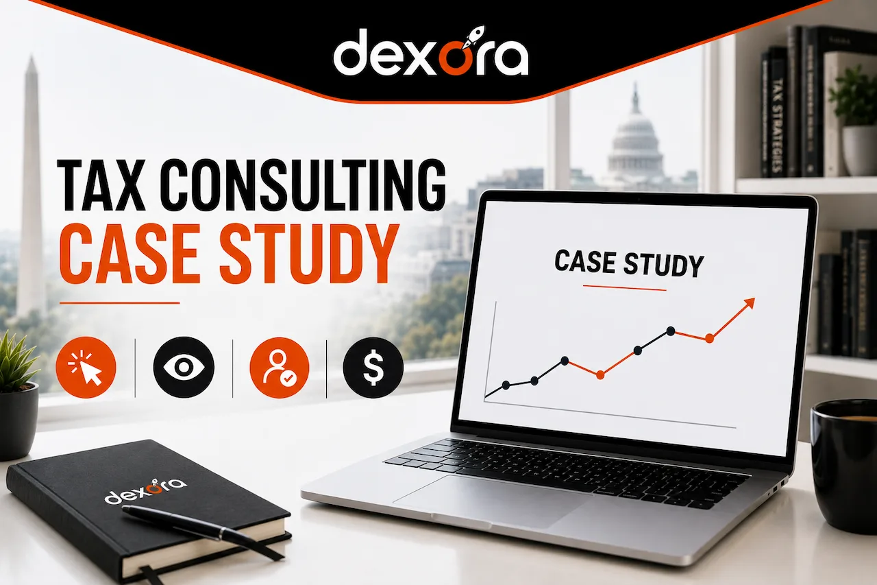 Tax Advisory Google Ads Case Study featuring campaign results for Simons Group with 1.11K clicks, 39.3K impressions, and 11 qualified conversions