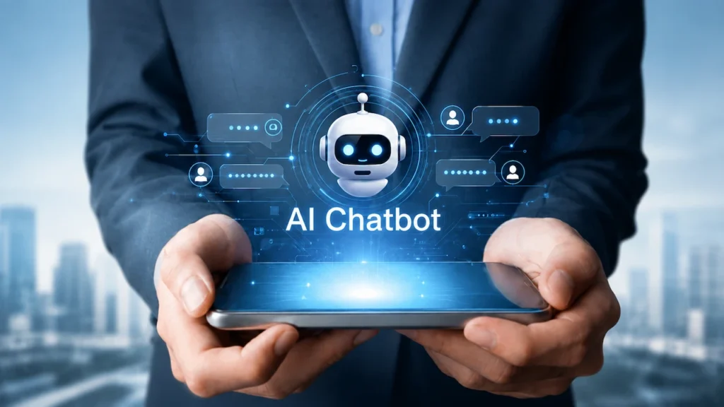 Business professional holding a smartphone with a holographic AI chatbot interface and digital chat icons.