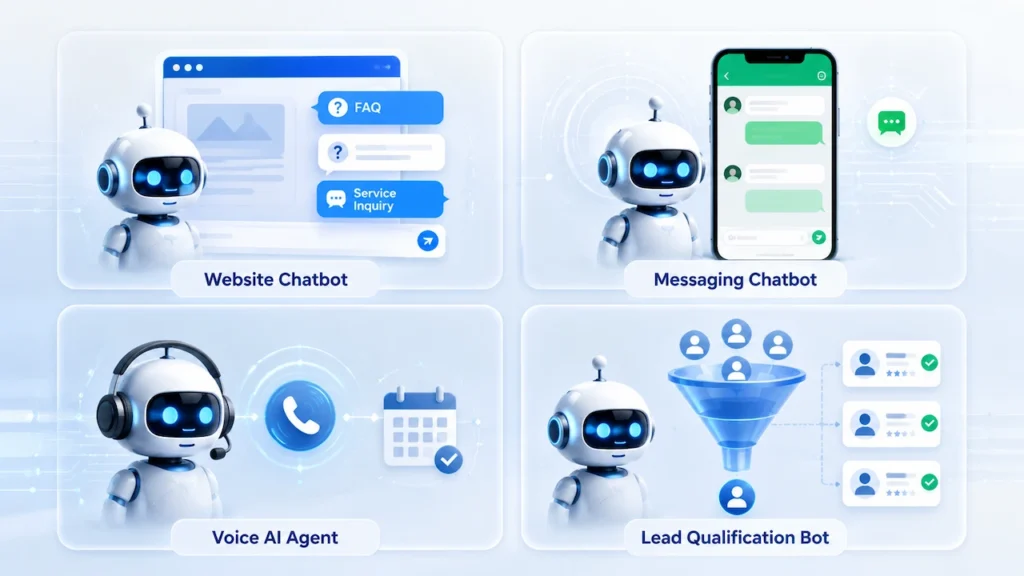 Four AI chatbot types: website support, messaging, voice assistance, and lead qualification with automated routing.