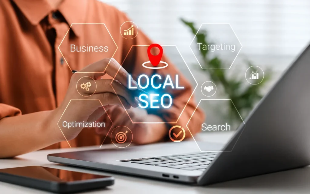 Local SEO strategy displayed on a laptop interface with business targeting, search optimization, and location-based marketing icons.
