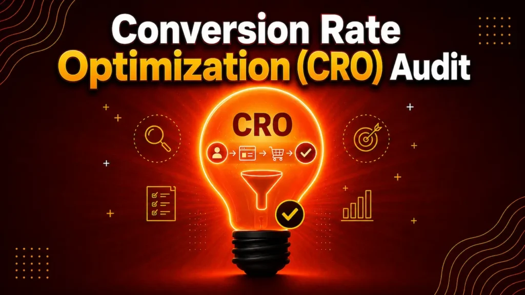 Glowing CRO light bulb with conversion funnel, growth icons, and a red-orange background representing website optimization.