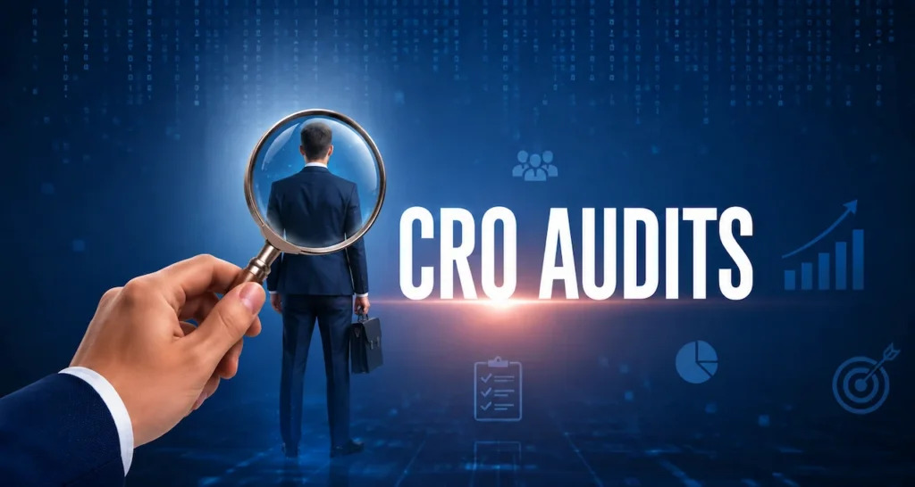 CRO audit concept with a magnifying glass, business professional, analytics icons, and growth charts in orange and black branding.