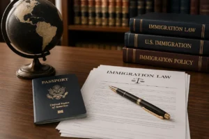 "Passport, immigration law documents, legal books, and globe on an attorney's desk representing U.S. immigration legal services."