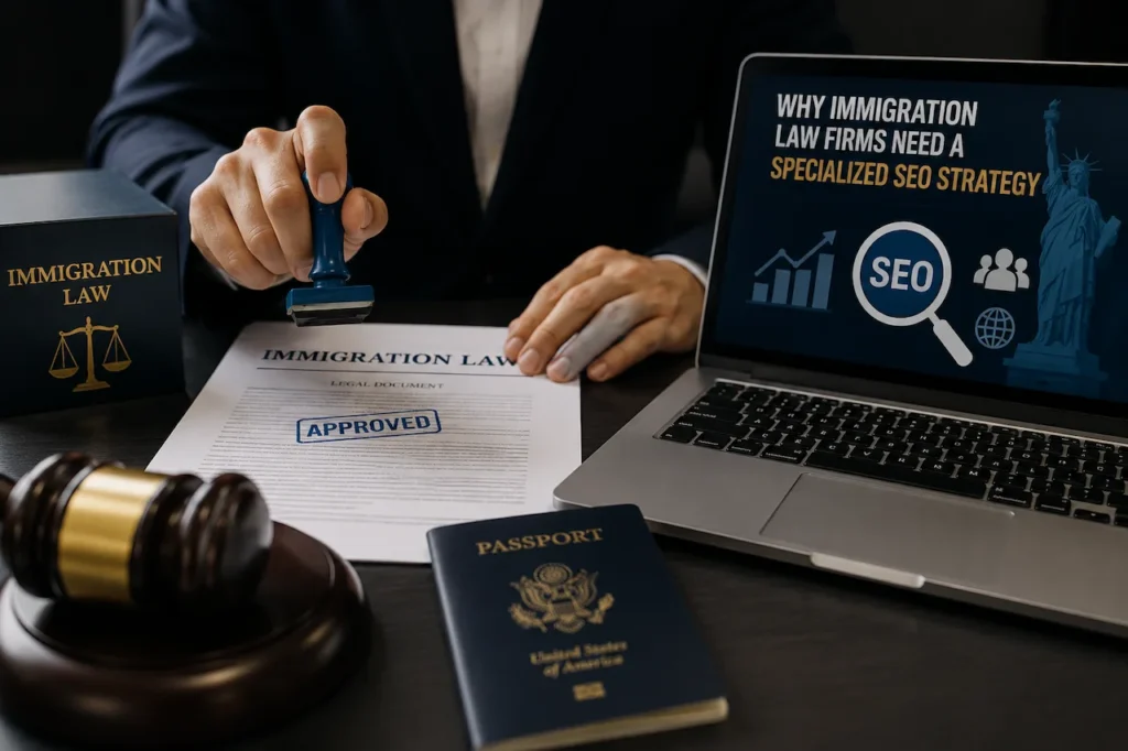 Immigration lawyer stamping an approved legal document beside a passport, gavel, and laptop displaying an SEO strategy.