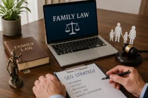 Family law SEO strategy displayed on a laptop and clipboard beside legal books, a gavel, and family figures.
