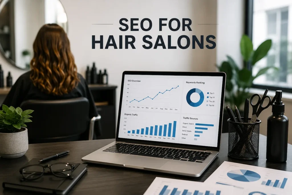 Back view of a salon client with styled hair beside an SEO analytics dashboard illustrating digital marketing for hair salons.