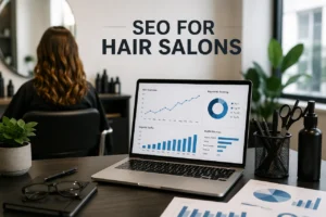 Back view of a salon client with styled hair beside an SEO analytics dashboard illustrating digital marketing for hair salons.