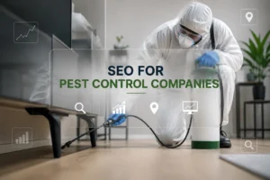 Pest control technician treating a home beside SEO and local search icons representing online growth for pest control companies.