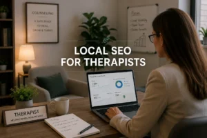 Therapist reviewing local SEO performance and Google Business Profile analytics in a professional counseling office.
