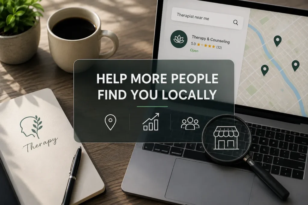 Laptop displaying local search results for therapists with SEO tools and a workspace focused on improving local search visibility.