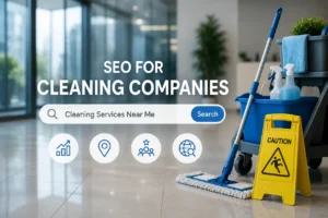 Cleaning equipment beside a local search bar illustrating SEO services for cleaning companies.