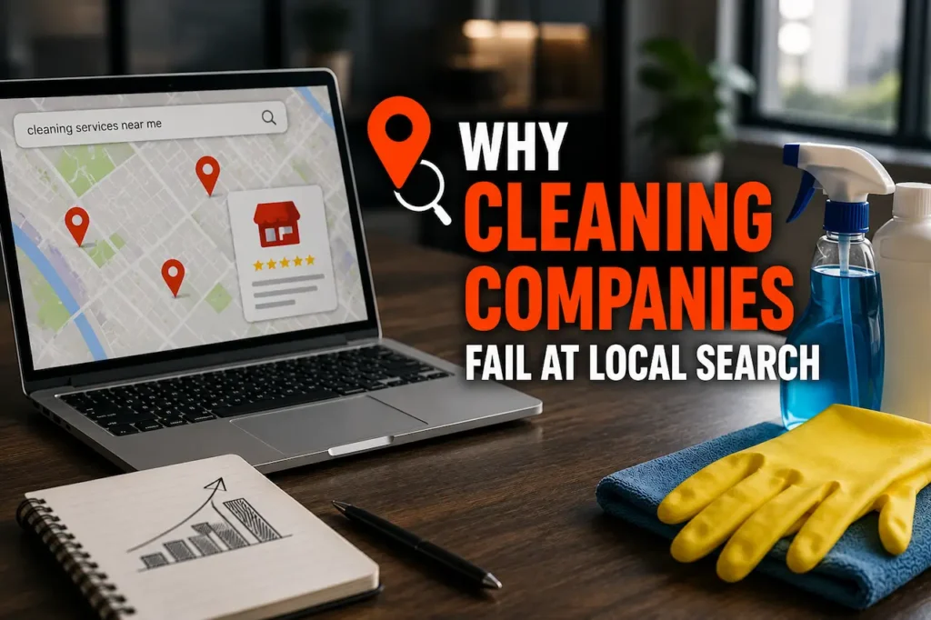 Cleaning supplies beside a laptop showing local search results for cleaning companies and common visibility challenges.