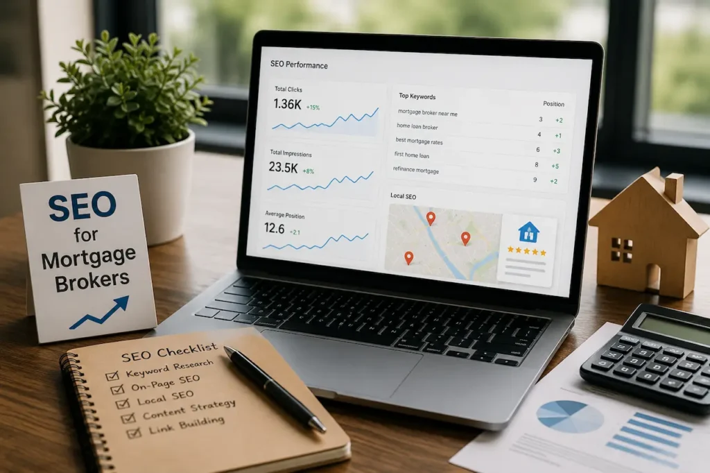 Laptop displaying SEO analytics beside mortgage documents, calculator, and house model representing SEO services for mortgage brokers.