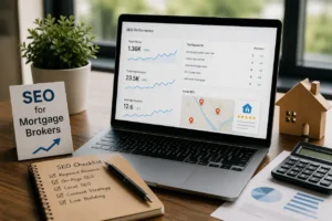 Laptop displaying SEO analytics beside mortgage documents, calculator, and house model representing SEO services for mortgage brokers.