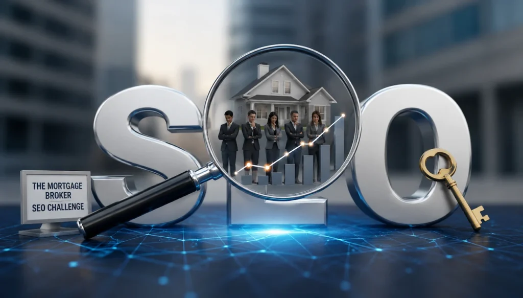 Magnifying glass highlighting a house and growth chart inside large SEO letters, illustrating mortgage broker SEO challenges.