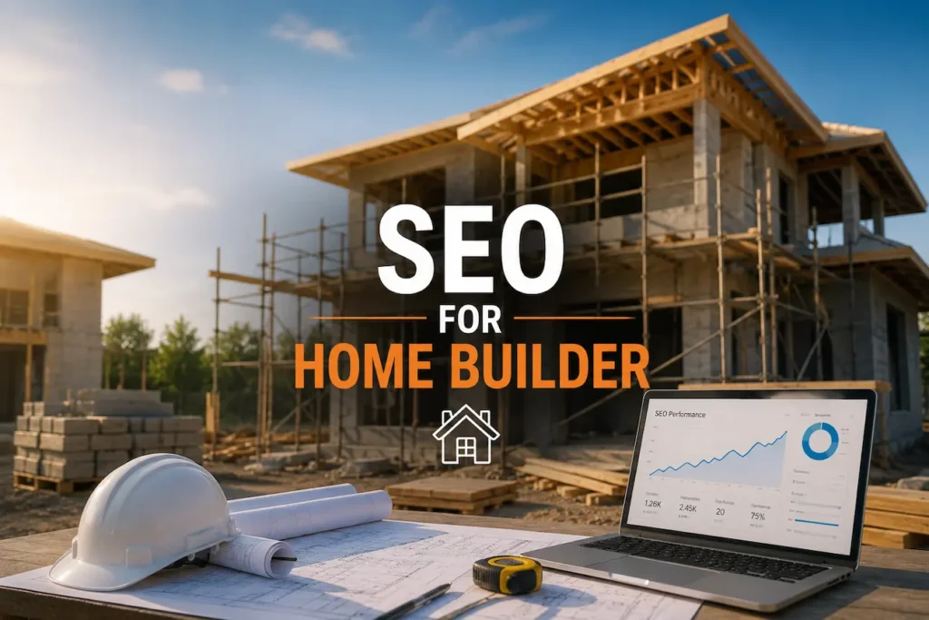 Residential home under construction with SEO analytics and blueprints illustrating digital marketing for home builders.