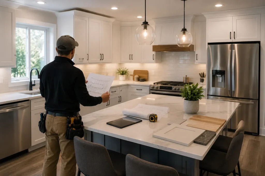 Contractor reviewing kitchen remodeling plans from the back in a modern renovated home, representing SEO services for remodelers.