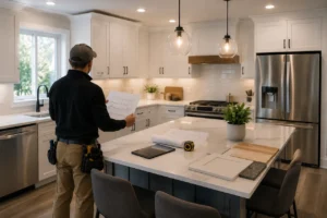 Contractor reviewing kitchen remodeling plans from the back in a modern renovated home, representing SEO services for remodelers.